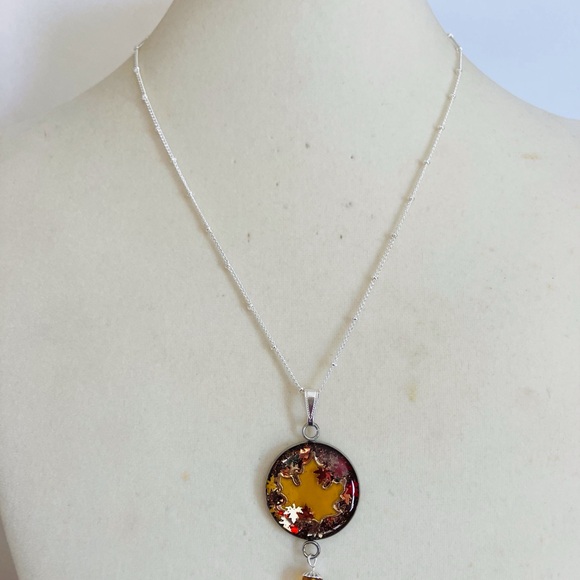 Handmade Autumn/Fall Maple Leaf Pendant Necklace with Satellite Chain Yellow - Picture 1 of 11